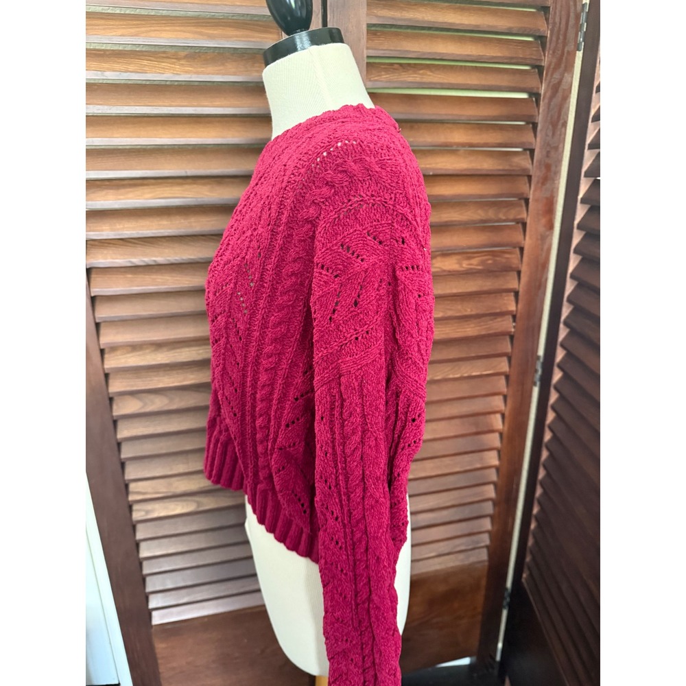 Magenta Chenille Cable Knit Cropped Sweater Pointelle Berry Pink Long Sleeve L - Picture 2 of 7
